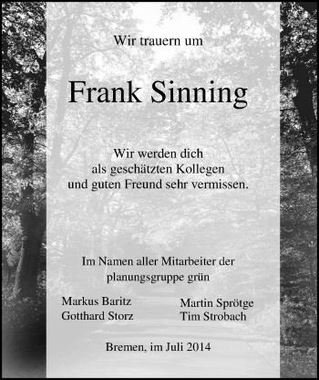 Traueranzeige von Frank Sinning von Nordwest-Zeitung