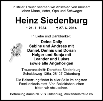 Traueranzeige von Heinz Siedenburg von Nordwest-Zeitung