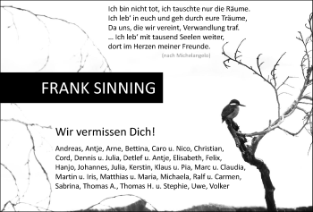 Traueranzeige von Frank Sinning von Nordwest-Zeitung