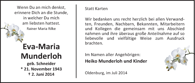  Traueranzeige für Eva-Maria Munderloh vom 05.07.2014 aus Nordwest-Zeitung