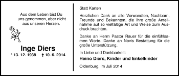 Traueranzeige von Inge Diers von Nordwest-Zeitung