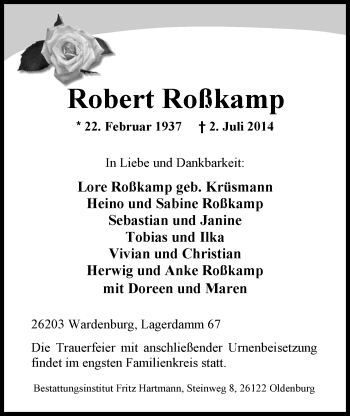 Traueranzeige von Robert Roßkamp von Nordwest-Zeitung