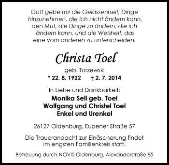Traueranzeige von Christa Toel von Nordwest-Zeitung