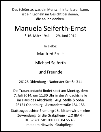 Traueranzeige von Manuela Seiferth-Ernst von Nordwest-Zeitung