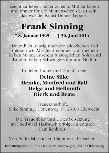 Traueranzeige von Frank Sinning von Nordwest-Zeitung