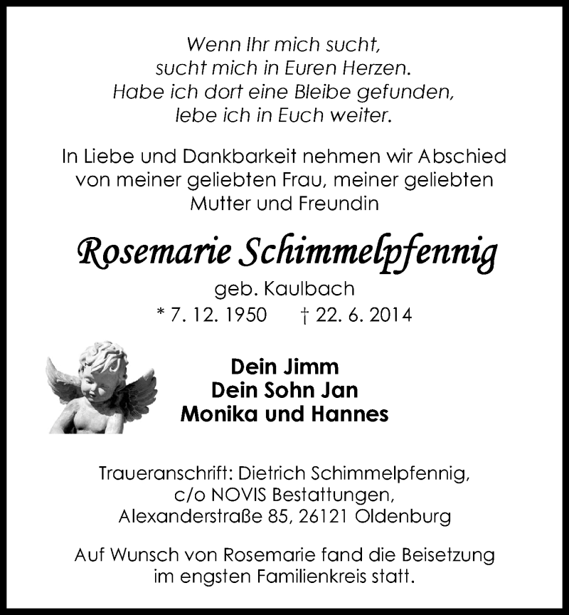  Traueranzeige für Rosemarie Schimmelpfennig vom 16.07.2014 aus Nordwest-Zeitung