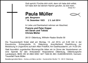 Traueranzeige von Paula Müller von Nordwest-Zeitung