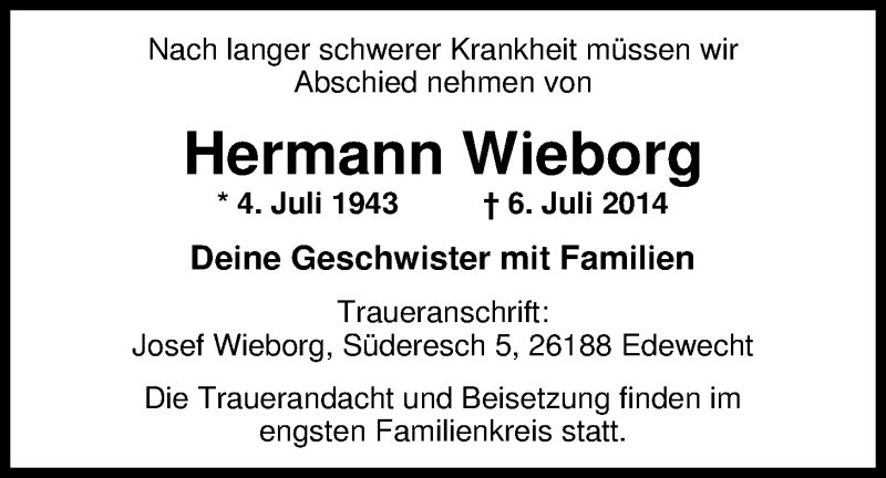  Traueranzeige für Hermann Wieborg vom 08.07.2014 aus Nordwest-Zeitung