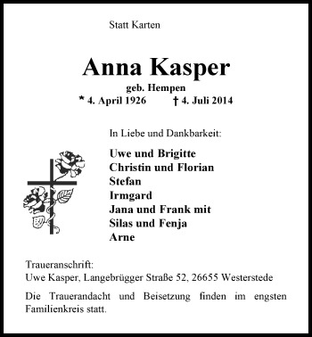 Traueranzeige von Anna Kasper von Nordwest-Zeitung