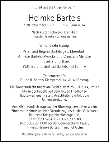 Traueranzeige von Helmke Bartels von Nordwest-Zeitung