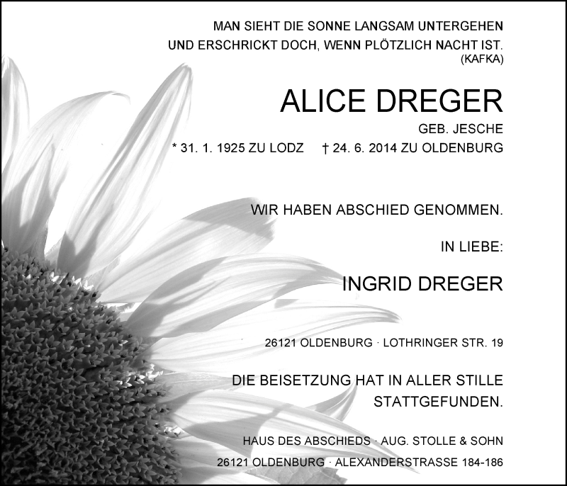  Traueranzeige für Alice Dreger vom 17.07.2014 aus Nordwest-Zeitung