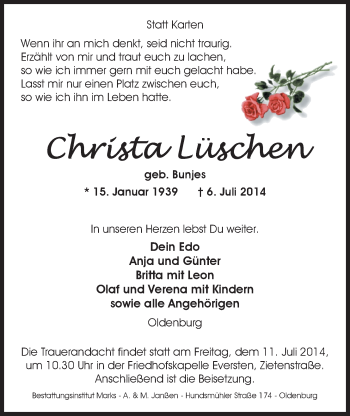 Traueranzeige von Christa Lüschen von Nordwest-Zeitung