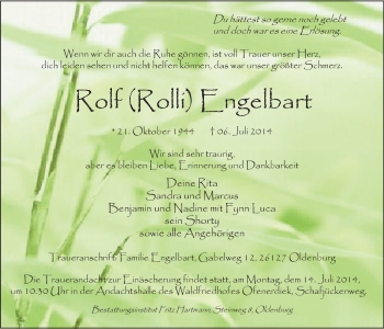 Traueranzeige von Rolf Engelbart von Nordwest-Zeitung