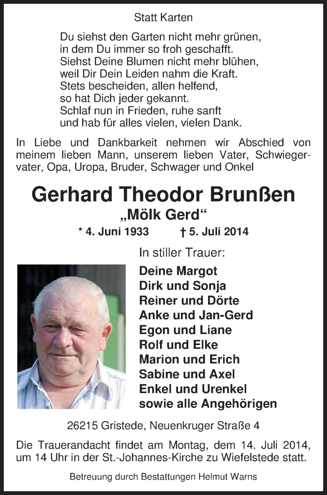  Traueranzeige für Gerhard Theodor Brunßen vom 09.07.2014 aus Nordwest-Zeitung