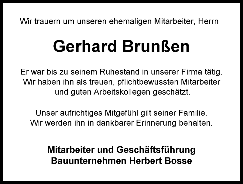  Traueranzeige für Gerhard Theodor Brunßen vom 09.07.2014 aus Nordwest-Zeitung