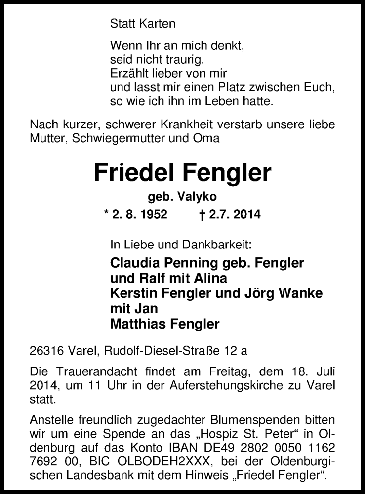  Traueranzeige für Friedel Fengler vom 12.07.2014 aus Nordwest-Zeitung