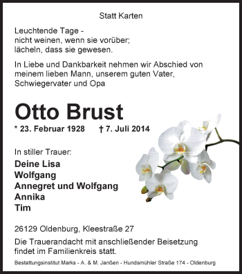 Traueranzeige von Otto Brust von Nordwest-Zeitung