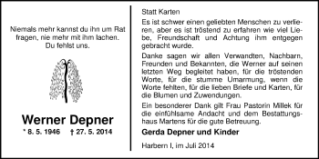 Traueranzeige von Werner Depner von Nordwest-Zeitung