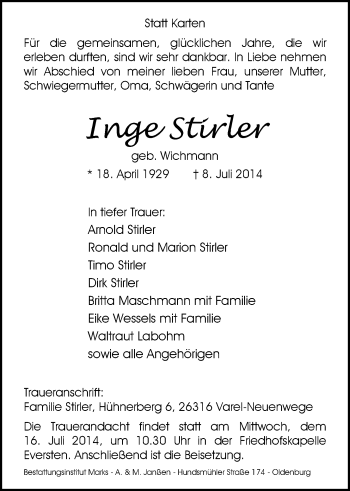 Traueranzeige von Inge Stirler von Nordwest-Zeitung