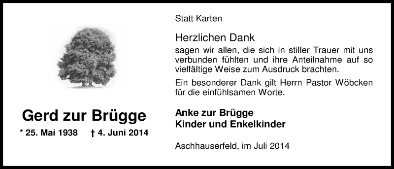  Traueranzeige für Gerd zur Brügge vom 12.07.2014 aus Nordwest-Zeitung