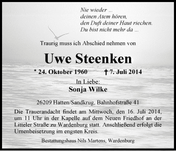 Traueranzeige von Uwe Steenken von Nordwest-Zeitung