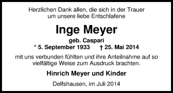 Traueranzeige von Inge Meyer von Nordwest-Zeitung