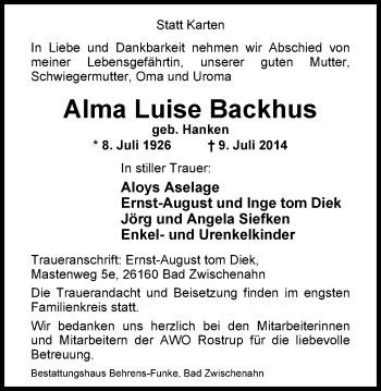 Traueranzeige von Alma Luise Backhus von Nordwest-Zeitung