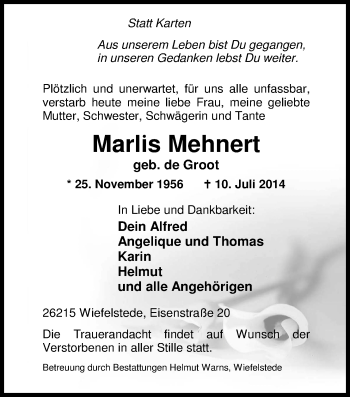 Traueranzeige von Marlis Mehnert von Nordwest-Zeitung