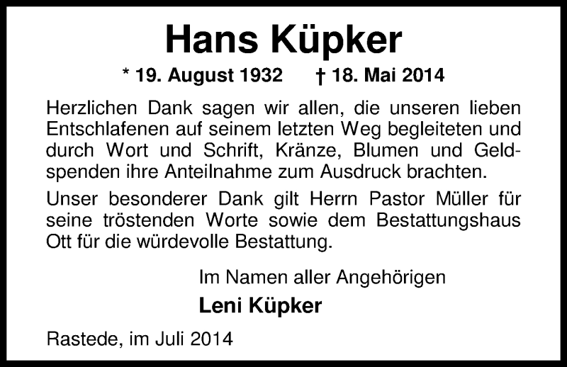  Traueranzeige für Hans Küpker vom 19.07.2014 aus Nordwest-Zeitung