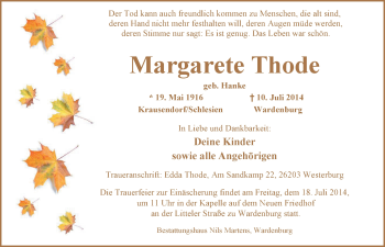 Traueranzeige von Margarete Thode von Nordwest-Zeitung