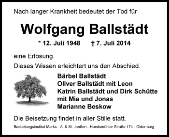 Traueranzeige von Wolfgang Ballstädt von Nordwest-Zeitung