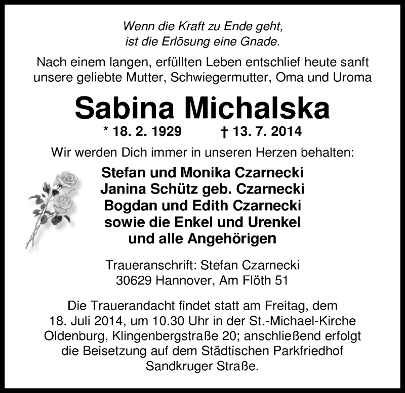  Traueranzeige für Sabina Michalska vom 15.07.2014 aus Nordwest-Zeitung