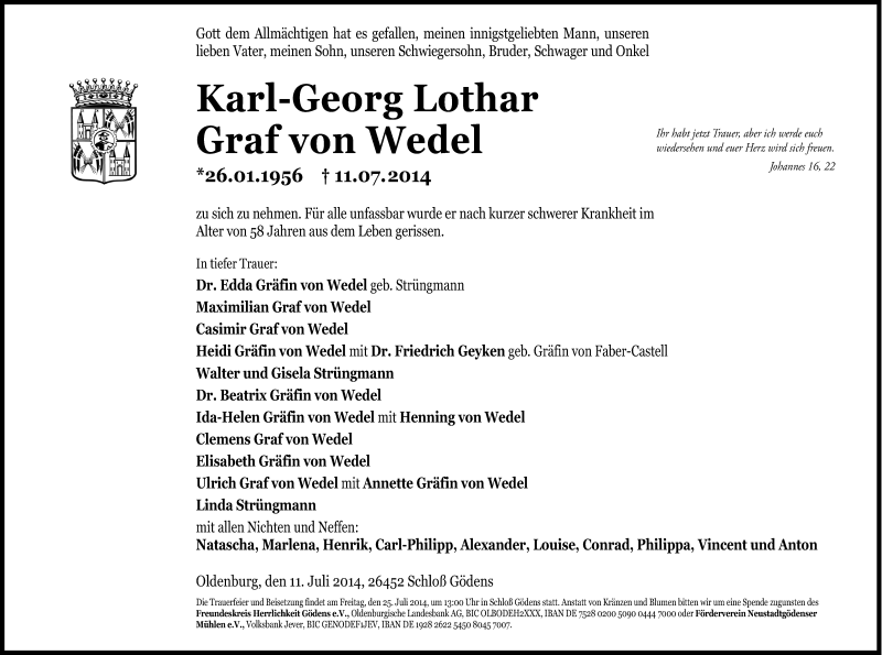  Traueranzeige für Karl-Georg Lothar Graf von Wedel vom 17.07.2014 aus Nordwest-Zeitung
