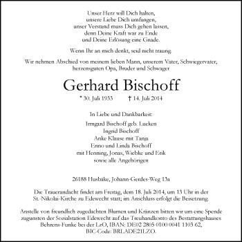 Traueranzeige von Gerhard Bischoff von Nordwest-Zeitung