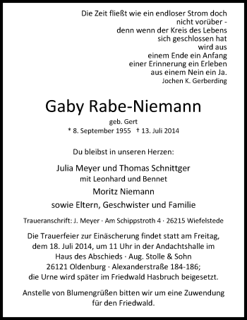 Traueranzeige von Gaby Rabe-Niemann von Nordwest-Zeitung