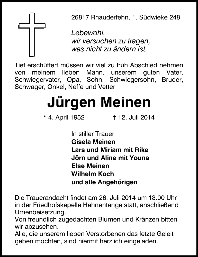  Traueranzeige für Jürgen Meinen vom 16.07.2014 aus Nordwest-Zeitung