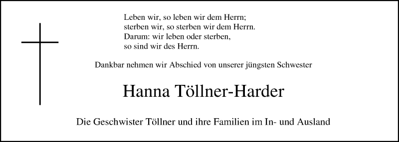  Traueranzeige für Hanna-Eva Töllner-Harder vom 16.07.2014 aus Nordwest-Zeitung