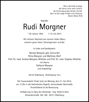 Traueranzeige von Rudi Morgner von Nordwest-Zeitung