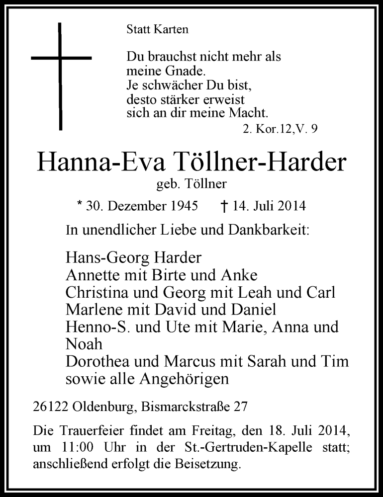  Traueranzeige für Hanna-Eva Töllner-Harder vom 16.07.2014 aus Nordwest-Zeitung