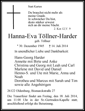 Traueranzeige von Hanna-Eva Töllner-Harder von Nordwest-Zeitung
