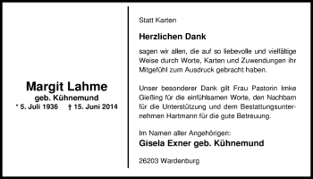 Traueranzeige von Margit Lahme von Nordwest-Zeitung