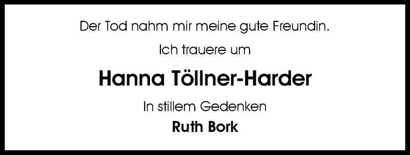  Traueranzeige für Hanna-Eva Töllner-Harder vom 17.07.2014 aus Nordwest-Zeitung