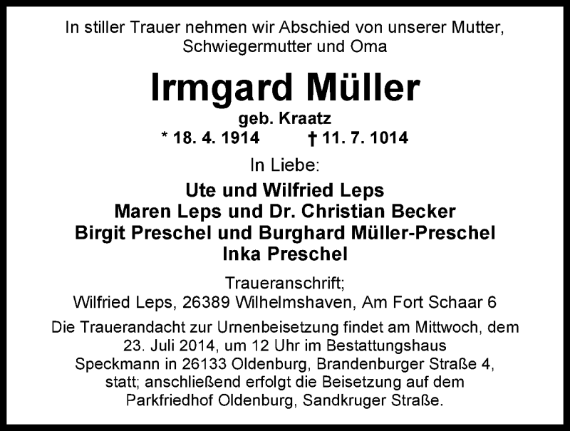  Traueranzeige für Irmgard Müller vom 19.07.2014 aus Nordwest-Zeitung