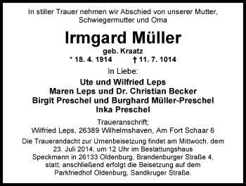 Traueranzeige von Irmgard Müller von Nordwest-Zeitung