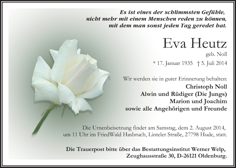  Traueranzeige für Eva Heutz vom 19.07.2014 aus Nordwest-Zeitung