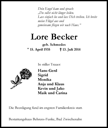Traueranzeige von Lore Becker von Nordwest-Zeitung