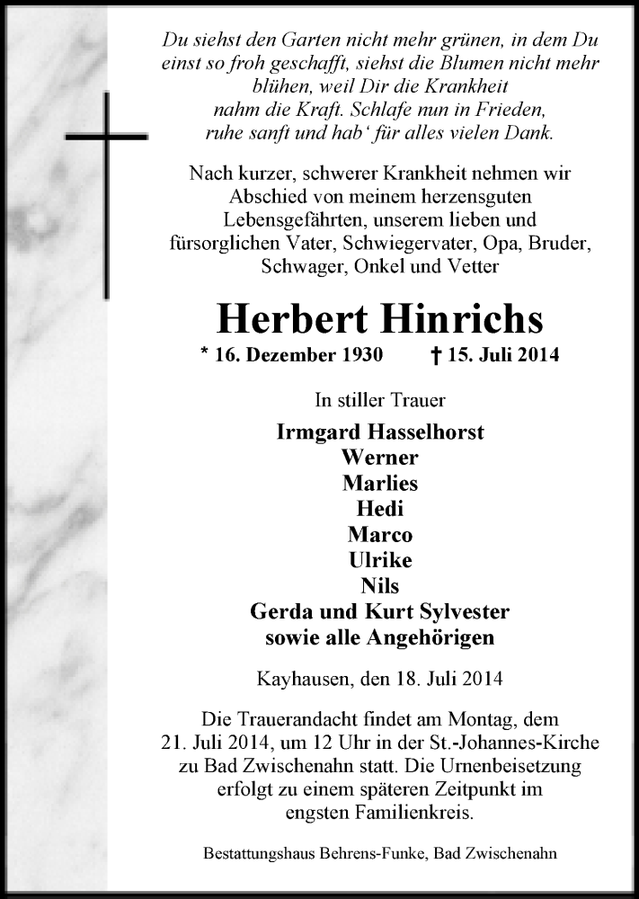  Traueranzeige für Herbert Hinrichs vom 18.07.2014 aus Nordwest-Zeitung