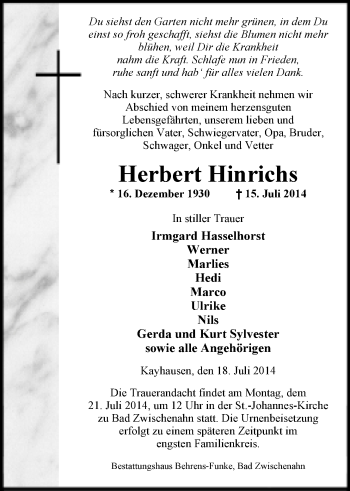 Traueranzeige von Herbert Hinrichs von Nordwest-Zeitung
