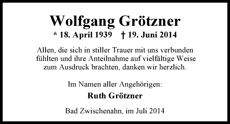  Traueranzeige für Wolfgang Grötzner vom 19.07.2014 aus Nordwest-Zeitung