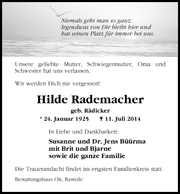 Traueranzeige von Hilde Rademacher von Nordwest-Zeitung